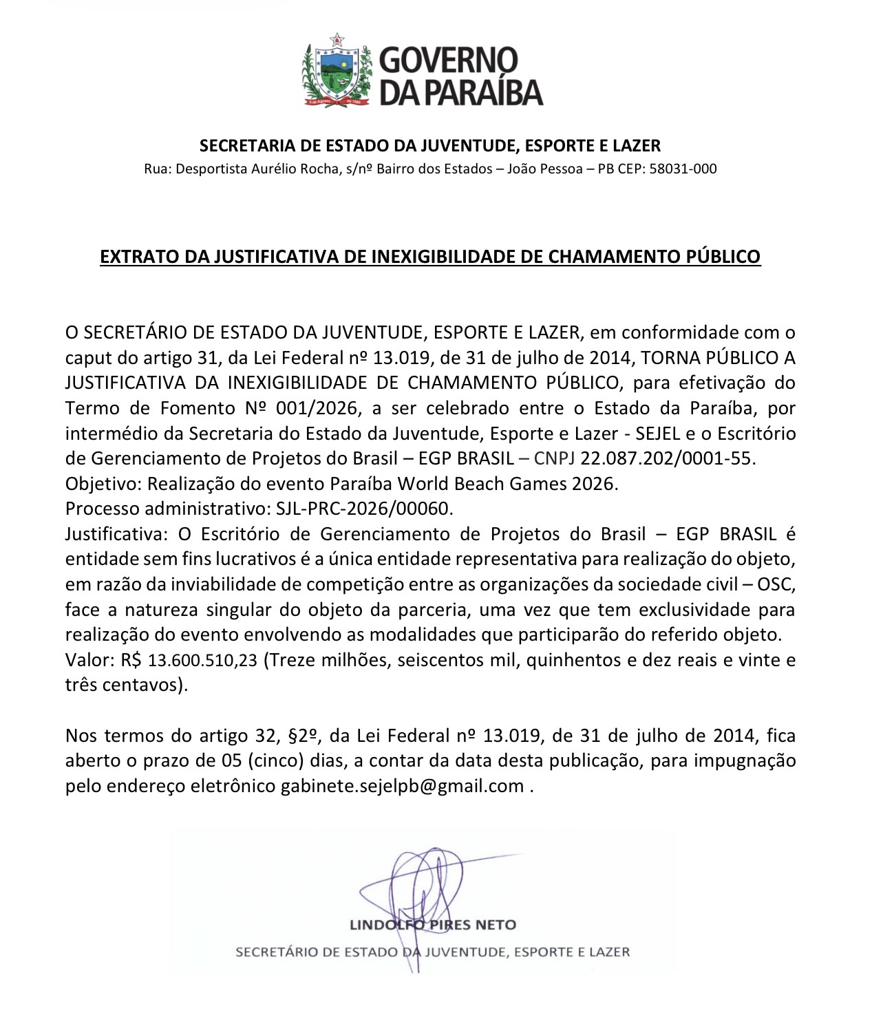 EXTRATO DA JUSTIFICATIVA DE INEXIGIBILIDADE DE CHAMAMENTO PÚBLICO - Paraíba World Beach Games 2026