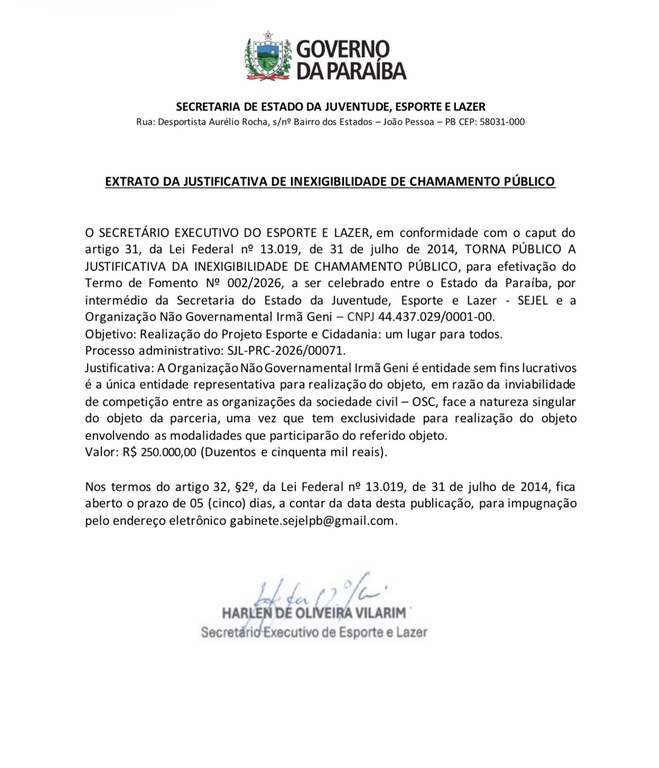 EXTRATO DA JUSTIFICATIVA DE INEXIGIBILIDADE DE CHAMAMENTO PÚBLICO PROJETO ESPORTE E CIDADANIA: UM LUGAR PARA TODOS.