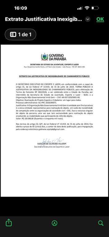 EXTRATO DA JUSTIFICATIVA DE INEXIGIBILIDADE DE CHAMAMENTO PÚBLICO - COPA PRATA 2026
