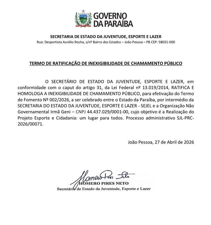 TERMO DE RATIFICAÇÃO DE INEXIGIBILIDADE DE CHAMAMENTO PÚBLICO - Projeto Esporte e Cidadania: um lugar para todos.