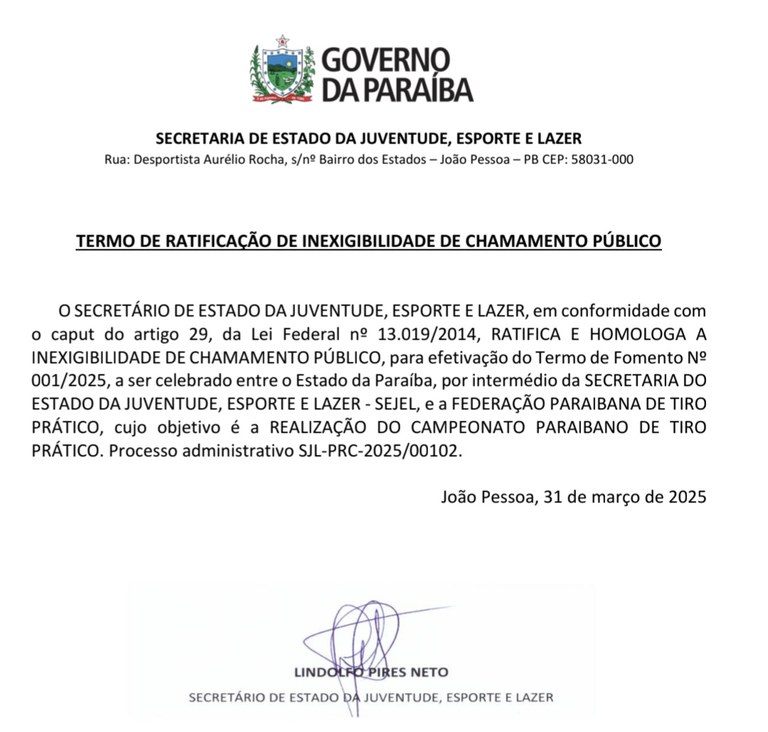 TERMO DE RATIFICAÇÃO DE INEXIGIBILIDADE DE CHAMAMENTO PÚBLICO