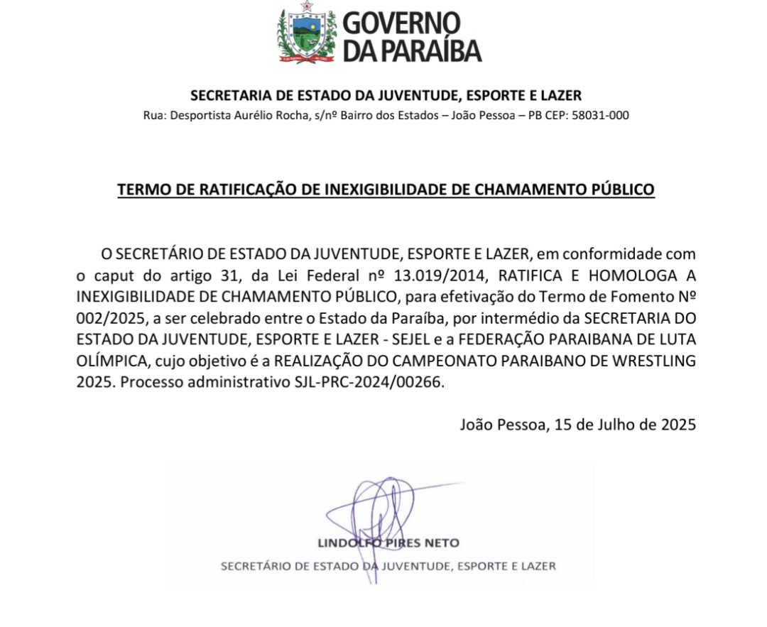 TERMO DE RATIFICAÇÃO DE INEXIGIBILIDADE DE CHAMAMENTO PÚBLICO - CAMPEONATO PARAIBANO DE WRESTLING 2025