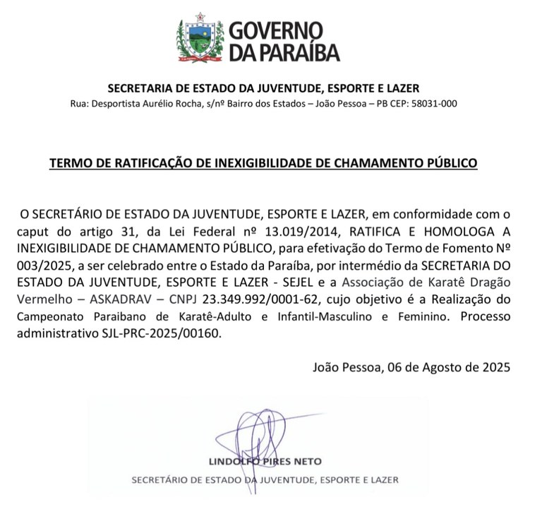 TERMO DE RATIFICAÇÃO DE INEXIGIBILIDADE DE CHAMAMENTO PÚBLICO - Campeonato Paraibano de Karatê-Adulto e Infantil-Masculino e Feminino