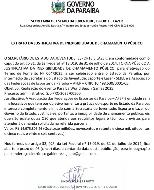EXTRATO DA JUSTIFICATIVA DE INEXIGIBILIDADE DE CHAMAMENTO PÚBLICO - Paraíba World Beach Games 2025