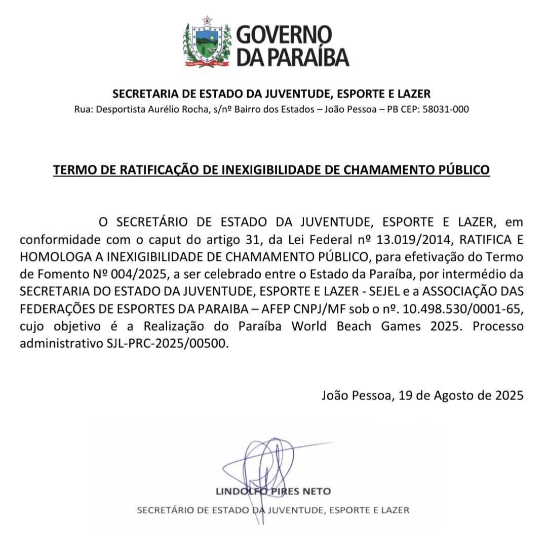 TERMO DE RATIFICAÇÃO DE INEXIGIBILIDADE DE CHAMAMENTO PÚBLICO - Paraíba World Beach Games 2025