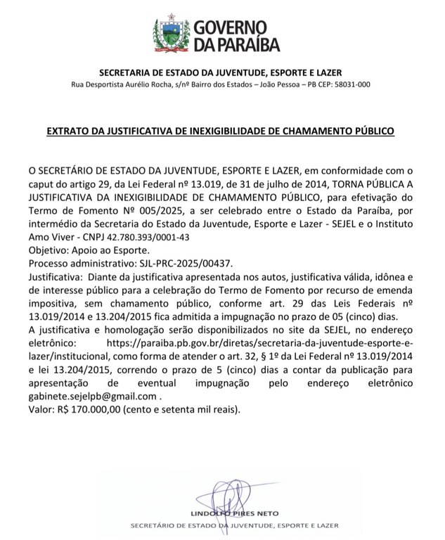 EXTRATO DA JUSTIFICATIVA DE INEXIGIBILIDADE DE CHAMAMENTO PÚBLICO - Instituto Amo Viver