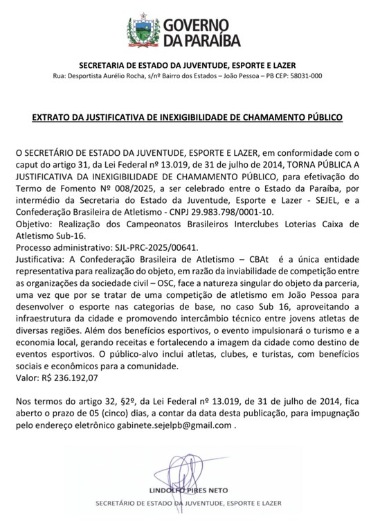 EXTRATO DA JUSTIFICATIVA DE INEXIGIBILIDADE DE CHAMAMENTO PÚBLICO - Campeonatos Brasileiros Interclubes Loterias Caixa de Atletismo Sub-16 2025