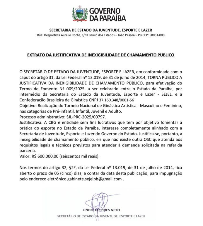 Extrato da Justificativa de Inexigibilidade  de Chamamento Público