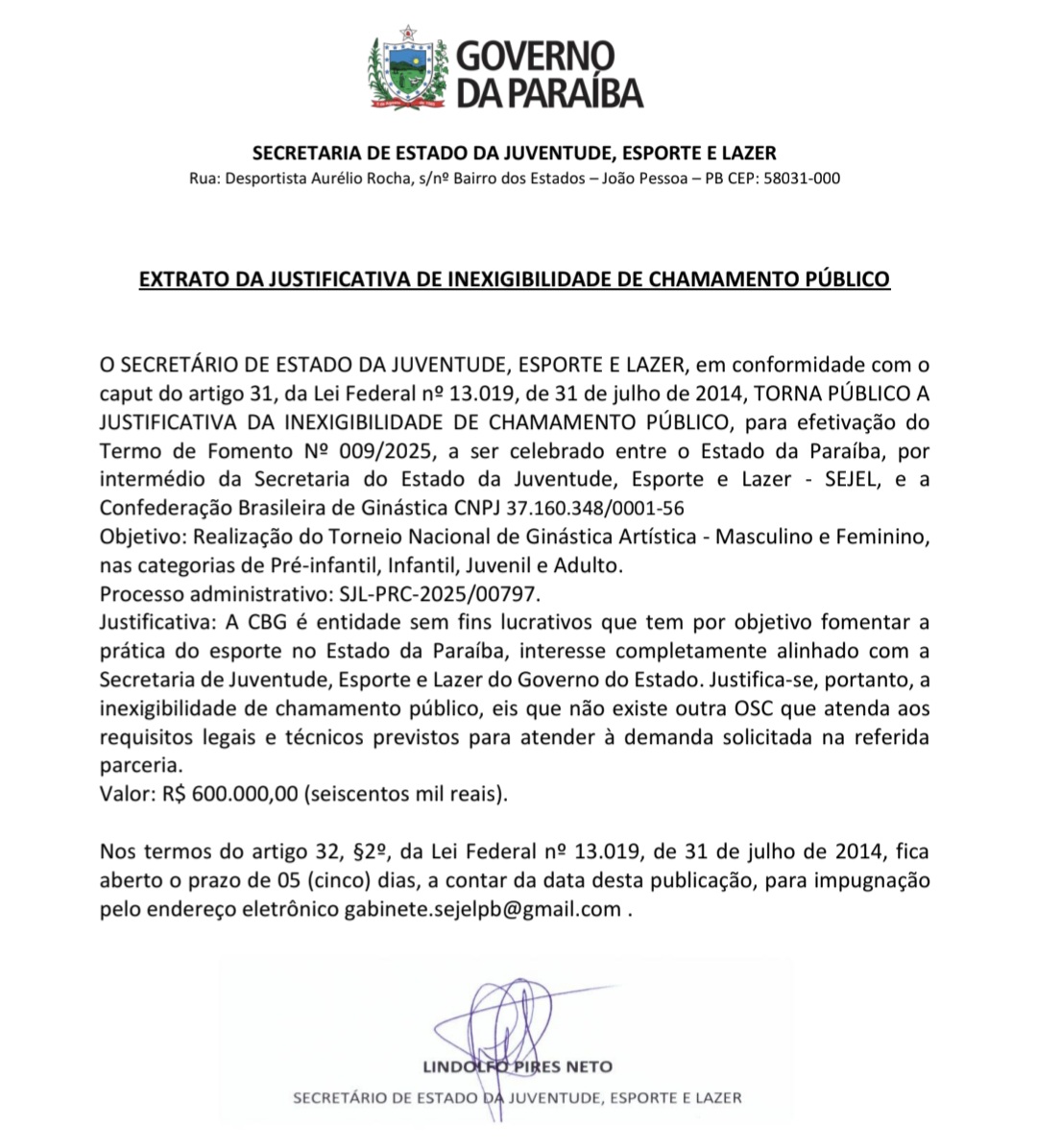 Extrato da Justificativa de Inexigibilidade  de Chamamento Público