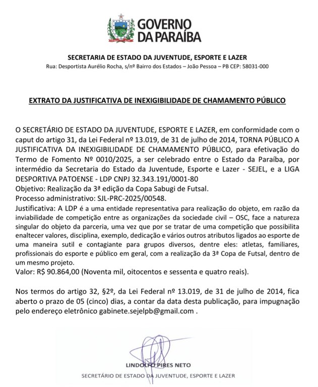 EXTRATO DA JUSTIFICATIVA DE INEXIGIBILIDADE DE CHAMAMENTO PÚBLICO - 3ª edição da Copa Sabugi de Futsal