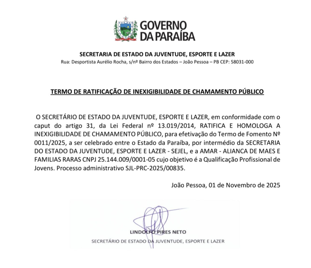 TERMO DE RATIFICAÇÃO DE INEXIGIBILIDADE DE CHAMAMENTO PÚBLICO -  AMAR - ALIANÇA DE MÃES E FAMÍLIAS RARAS CNPJ 25.144.009/0001-05