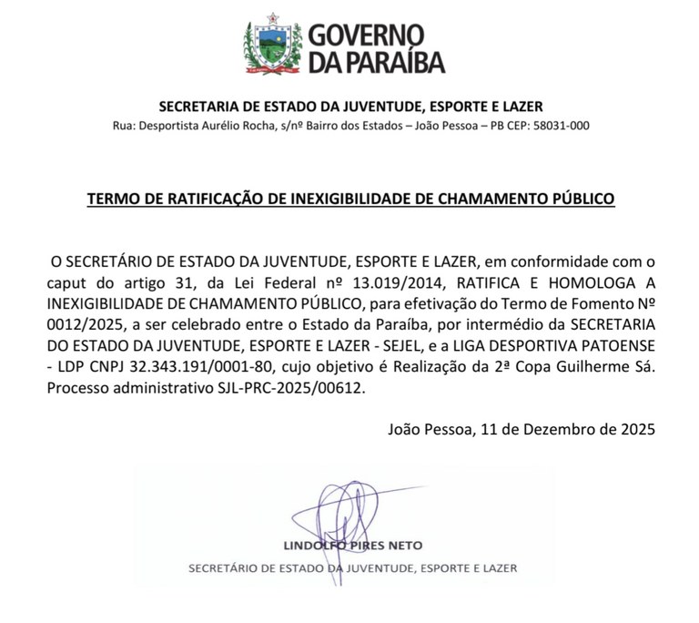 TERMO DE RATIFICAÇÃO DE INEXIGIBILIDADE DE CHAMAMENTO PÚBLICO 2ª Copa Guilherme Sá