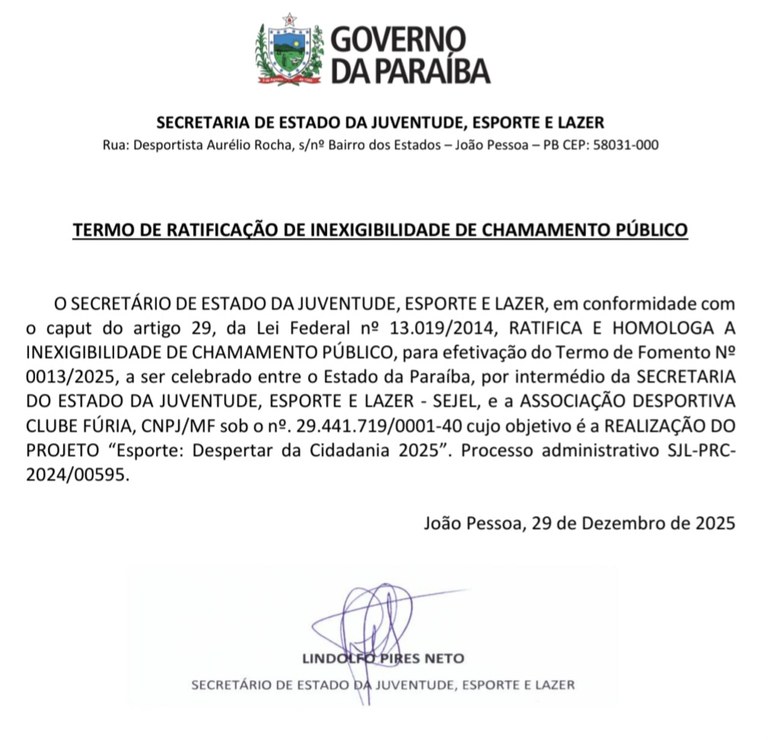 TERMO DE RATIFICAÇÃO DE INEXIGIBILIDADE DE CHAMAMENTO PÚBLICO Projeto "Esporte: Despertar da Cidadania 2025"