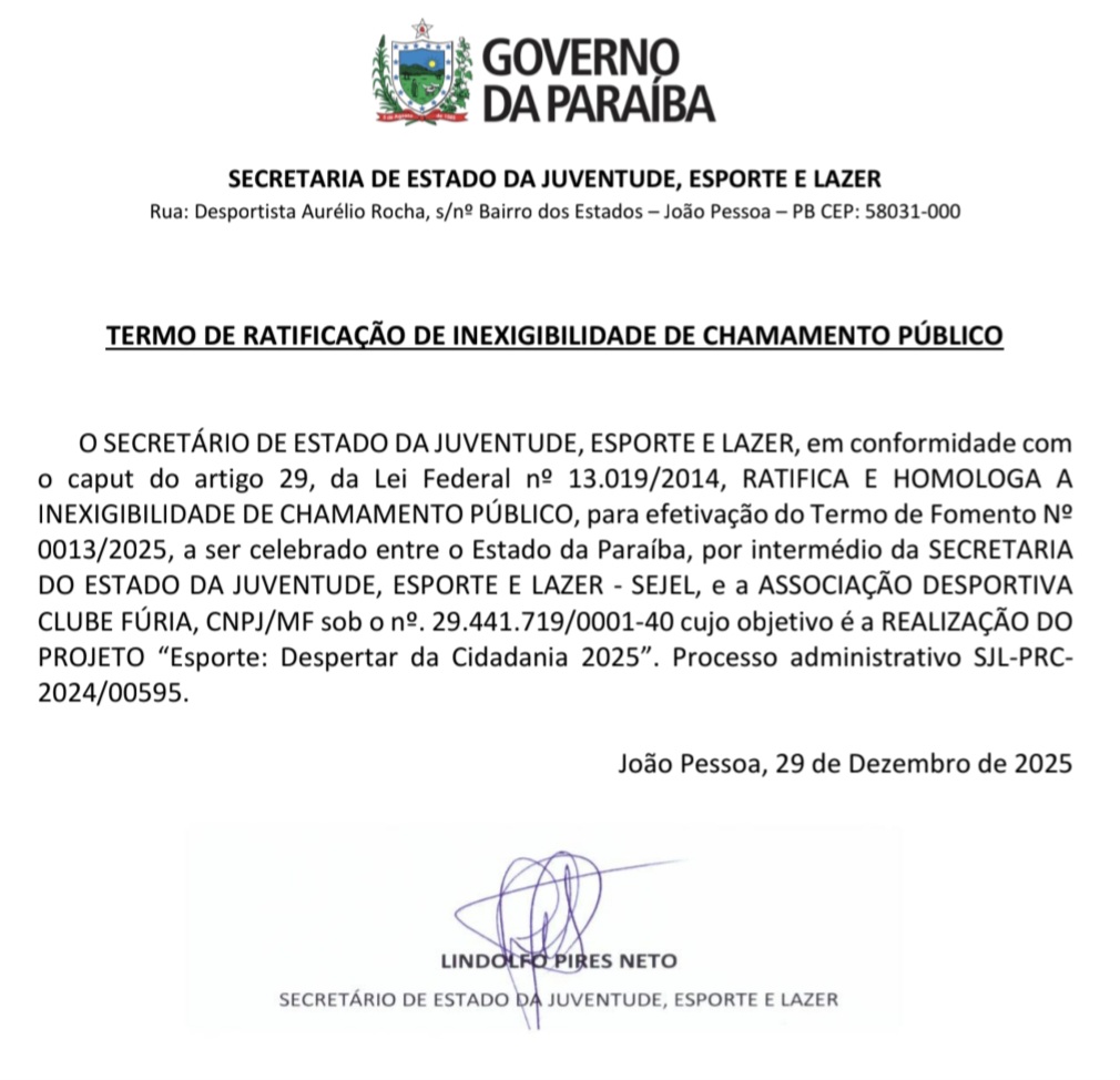 TERMO DE RATIFICAÇÃO DE INEXIGIBILIDADE DE CHAMAMENTO PÚBLICO Projeto "Esporte: Despertar da Cidadania 2025"