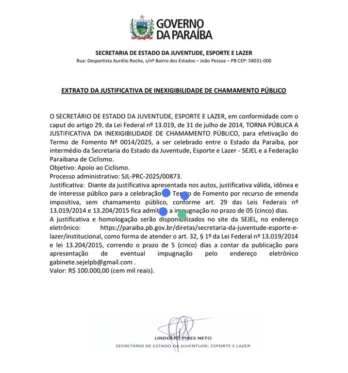 EXTRATO DA JUSTIFICATIVA DE INEXIGIBILIDADE DE CHAMAMENTO PÚBLICO - Apoio ao Ciclismo