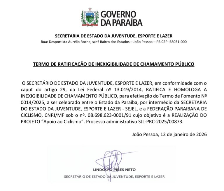 TERMO DE RATIFICAÇÃO DE INEXIGIBILIDADE DE CHAMAMENTO PÚBLICO -  PROJETO “Apoio ao Ciclismo”