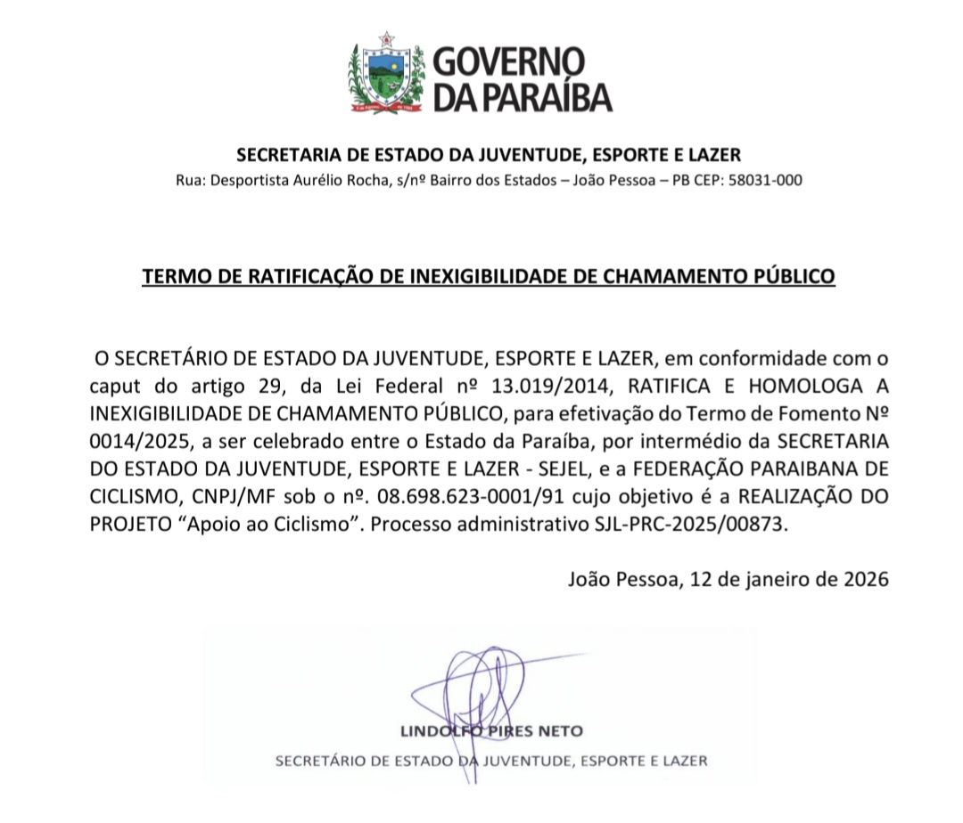 TERMO DE RATIFICAÇÃO DE INEXIGIBILIDADE DE CHAMAMENTO PÚBLICO -  PROJETO “Apoio ao Ciclismo”