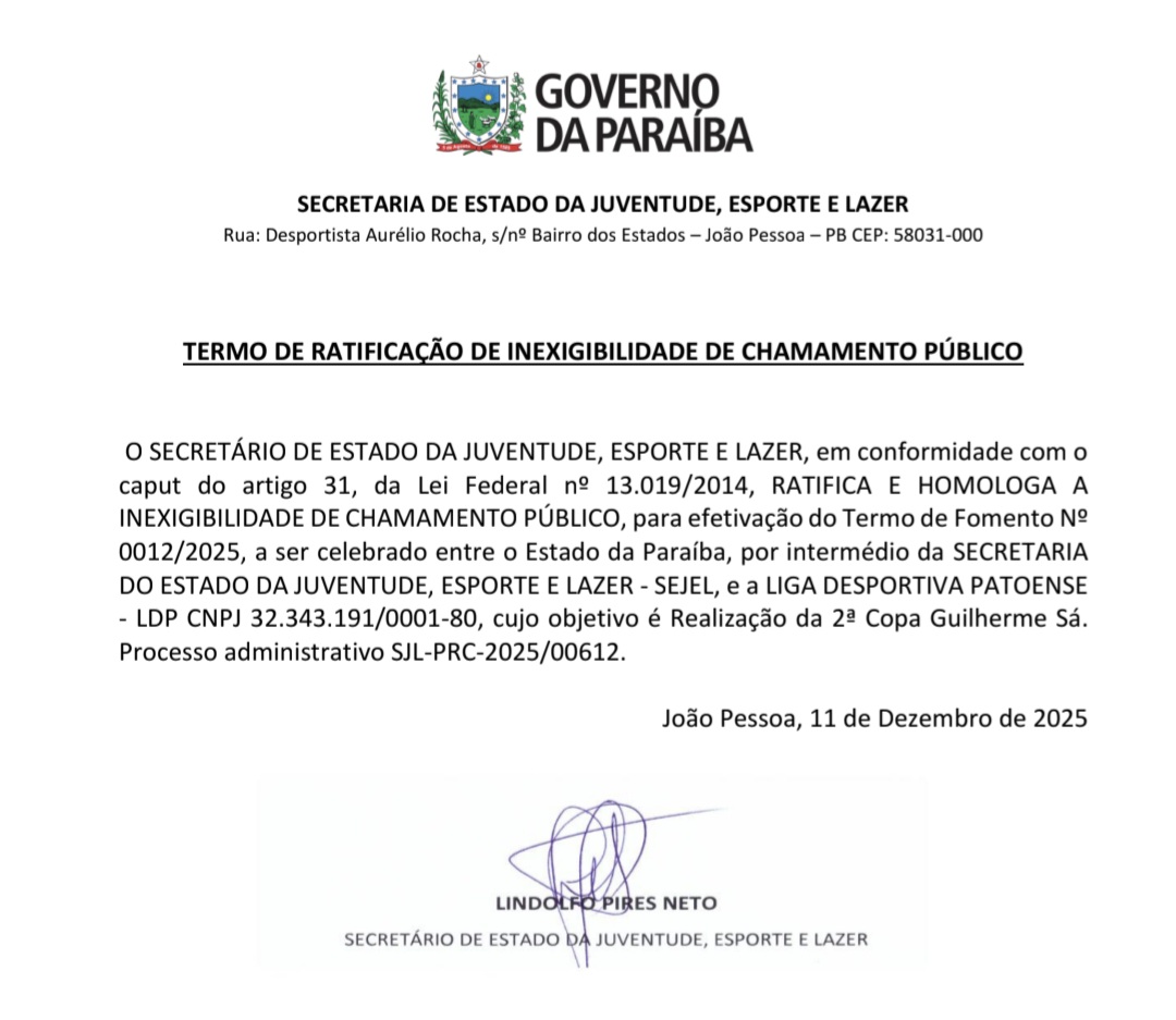 TERMO DE RATIFICAÇÃO DE INEXIGIBILIDADE DE CHAMAMENTO PÚBLICO 2ª Copa Guilherme Sá