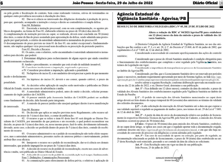 RDC 05-2022 - Prazo de validade dos Alvarás Sanitários (DOE de 29-07-2022- Pág. 06).jpg RDC 05-2022 - Prazo de validade dos Alvarás Sanitários (DOE de 29-07-2022- Pág. 06).jpg